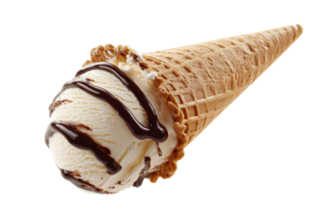 Vanilla ice cream cone with chocolate syrup on black background, cut out