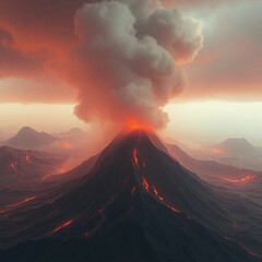 Epic, large-scale photograph of volcanic terrain, modern futuristic style, warm, slightly dark tones, soft contrast, soft saturation, lens glow lighting, heroic elements