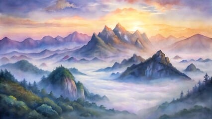 Obraz premium Misty mountain dreamscape painting with sunrise layered peaks rising above the clouds in soft