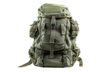 Olive green hiking backpack with multiple compartments and straps, cut out