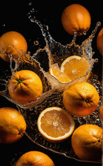  Fresh Juicy Oranges Splashing into Water Creating Vibrant Refreshing Atmosphere