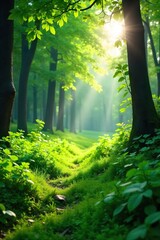 Fototapeta premium Lush green forest grass carpet, sunlight dappling through leaves, vibrant and textured Perfect for nature, environment, and springtime themes , biodiversity, sunlight