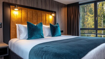 Bedroom with Teal Pillows and Window View