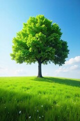 Serene landscape of a solitary tree standing amidst a vast, untouched meadow under a clear sky The image evokes feelings of peace, solitude, and the beauty of untamed nature , quiet, open