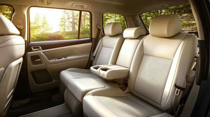 A car interior with child seat and booster properly secured