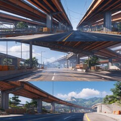 Fototapeta premium Urban Intersection with Elevated Roads and Blue Sky Above
