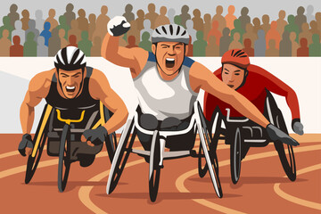 disabled people race using wheelchairs flat color illustration design vector