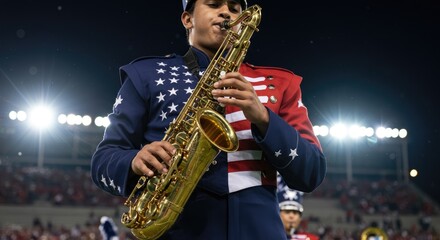A person playing a saxophone in a band uniform at night