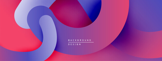 Abstract fluid shapes overlap, creating vibrant purple, pink, blue gradients. Modern design evokes movement, depth.