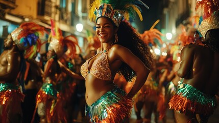 Obraz premium A carnival parade in Rio, with samba performers and elaborate floats weaving through narrow streets.