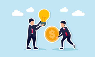 Businessman holding a happy emoticon and another holding a dollar coin illustration of applying ideas and innovation in business to increase profit and revenue