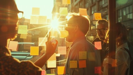 A vibrant team of professionals engages in a collaborative session, brainstorming ideas and strategies in a sunlit creative workspace filled with sticky notes.
