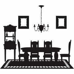 Classic Dining Room Silhouette with Chandelier and Furniture Vector