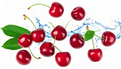 Ripe Red Cherries Falling with Water Splash and Fresh Leaves on Isolated White Background