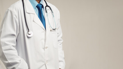 Close-up of male doctor wearing white lab coat, blue shirt and stethoscope in medical setting.