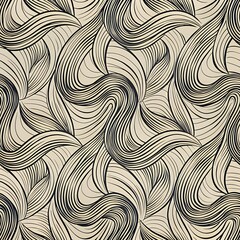 “Repeating abstract line art pattern with continuous curved strokes and scribbles, monochrome black on ivory, minimalist and modern for fashion textiles”
