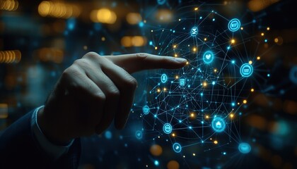 Business Technology Vision: Man in Suit Touching Social Media Icons on Virtual Interface with Network Avatars, 3D Digital Background for Marketing Strategy and Sales Services 