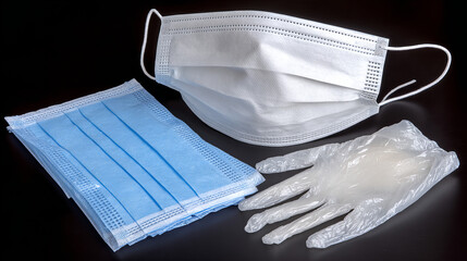 Protective gear laying on a dark surface, including medical masks and gloves prepared for safety measures during health emergencies