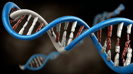 Detailed representation of DNA double helix structure with blue and gray strands showcasing genetic information