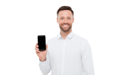 Smiling caucasian male adult holding smartphone in white shirt, cut out