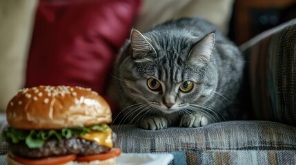 Obraz premium A cat perched on the back of a sofa, staring down at a delicious burger waiting for a nibble.
