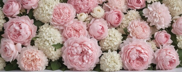 Pastel pink roses, peonies & hydrangeas create a vintage floral wall backdrop ,  design,  pattern,  artificial flowers
