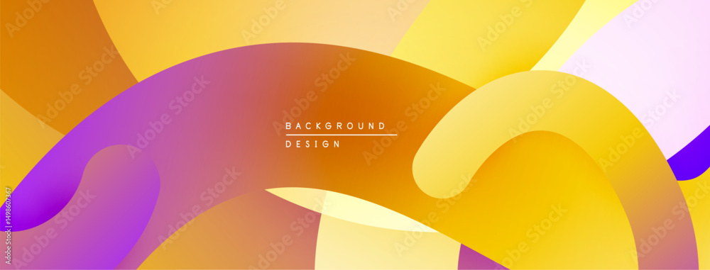 Poster Abstract fluid shapes blend, creating warm gradient. Colors transition from purple to orange, yellow. Modern design element.