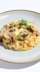 Risotto with mushrooms on ceramic plate isolated on white background for Italian cuisine or gourmet concept