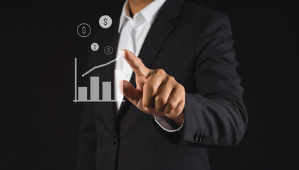 A man in a suit points to a virtual graph with increasing bars and dollar signs, symbolizing financial growth and business success.