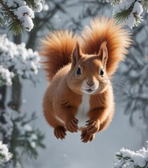 Fluffy red squirrel leaps through snowy branches, winter wonderland ,  snowy,  mammal,  animal