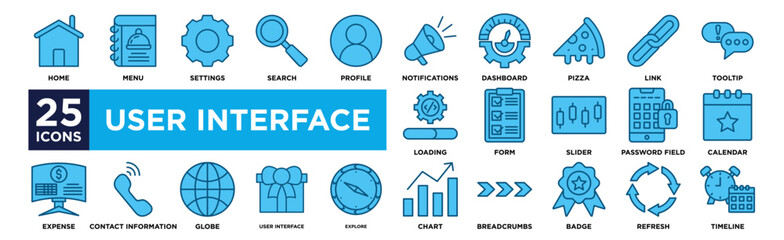 user interface icon collection set. Containing Home, Menu, Settings, Search, Profile,