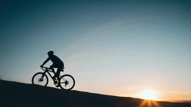 Sunset Silhouette Cyclist: A cyclist's silhouette is captured against a vibrant sunset, conveying a sense of freedom, adventure, and the pursuit of personal goals. 