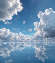 Deep azure sky, cotton-ball clouds scattered across ,  bright,  celestial