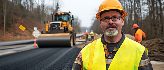 Construction Worker at Road Paving Site