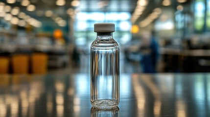 Clear Glass Vial with Stopper on Reflective Surface