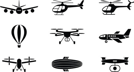 Air transportation icons set airplane helicopter drone hot air balloon © vector Art