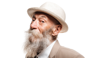 Elderly caucasian male with beard wearing hat and suit, cut out