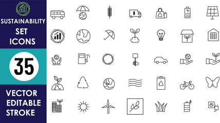 A set of 35 minimalist sustainability icons includes plants, recycling, solar panels, electric vehicles, wind turbines, energy, eco buildings, water, earth, and nature symbols