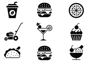 Black and white icons of food drinks and lawnmower