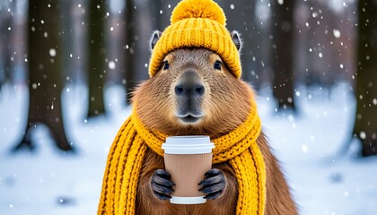 cozy capybara in knit hat and scarf with takeaway coffee winter park scene adorable animal seasonal concept