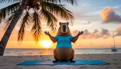 capybara in sportswear doing yoga on mat in summer beach funny animal fitness concept of mindful relaxation and wellness