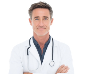 Confident caucasian male doctor in white coat with stethoscope, cut out