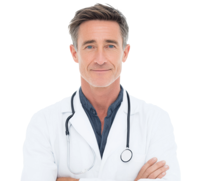 Confident caucasian male doctor in white coat with stethoscope, cut out - Powered by Adobe