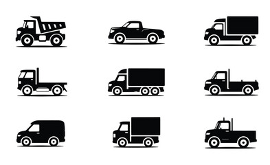 Collection of black silhouettes various trucks and vans