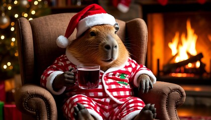funny capybara in christmas pajamas and santa hat relaxing by fireplace with mulled wine cozy holiday rodent concept