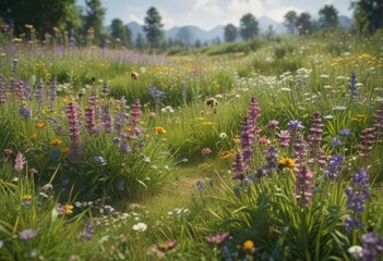 Vibrant wildflowers, buzzing bees, lush grass border ,  countryside,  ecology,  spring