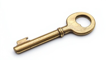 A vintage brass key isolated on a white background, showcasing intricate design and shiny details. Perfect for subjects related to security and access.