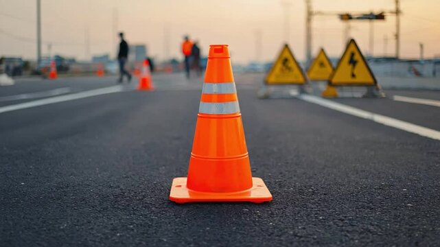 Roadwork Ahead: An up-close shot of a bright orange traffic cone on asphalt road, with warning signs in the blurred background. A vivid reminder of safety and caution.