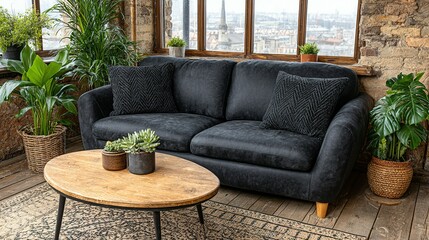 Obraz premium Dark gray sectional sofa with decorative pillows and wooden coffee table.