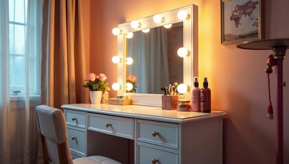 Elegant mirrored vanity with drawers and lights, perfect for makeup application , luxury, home decor